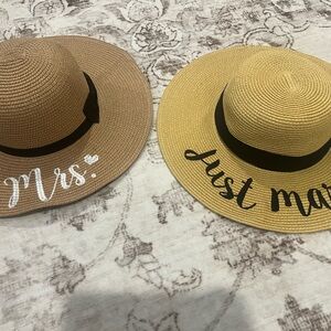 Set of Two Straw Sun Hats with 'Mrs.' and 'Just Married'